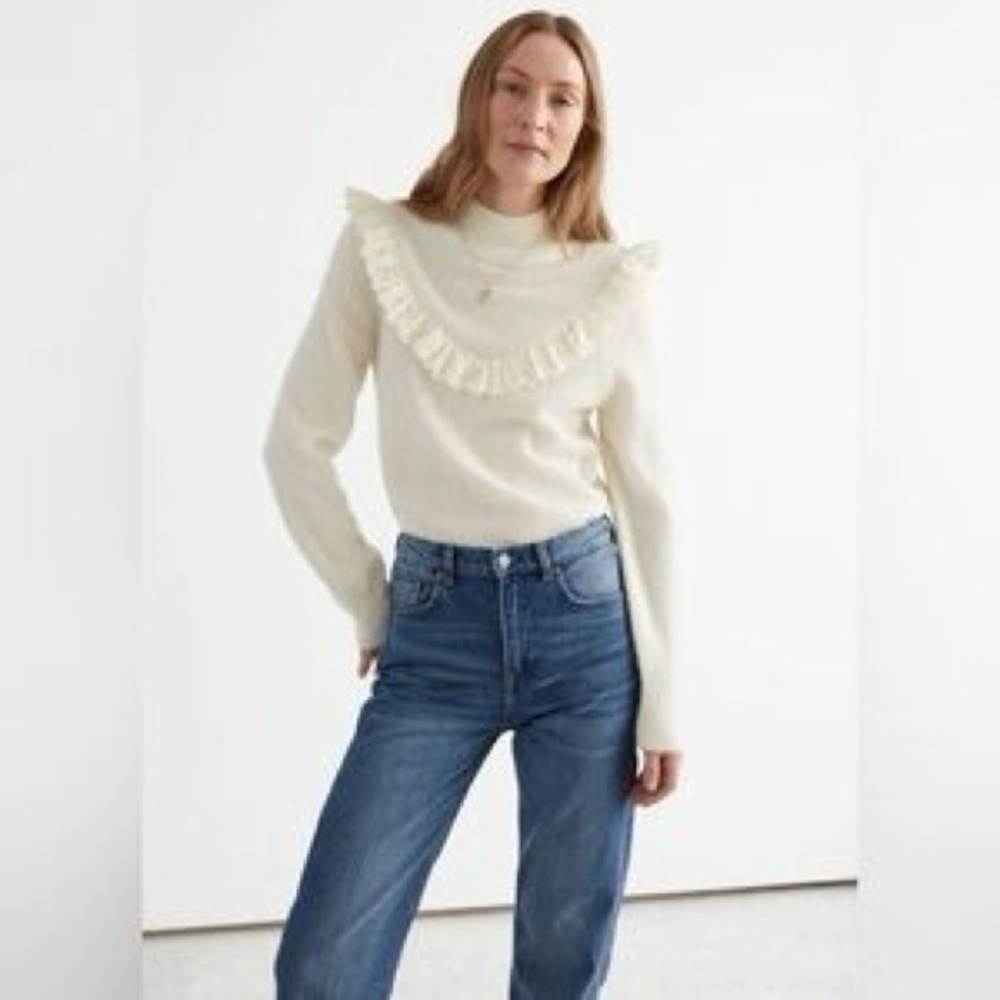 French Connection White Ruffled long sleeve top